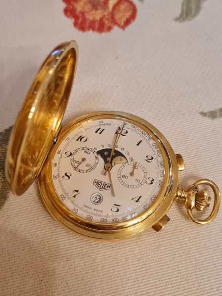 Heuer 18K Gold Mondphasen Chronograph Taschenuhr Vintage